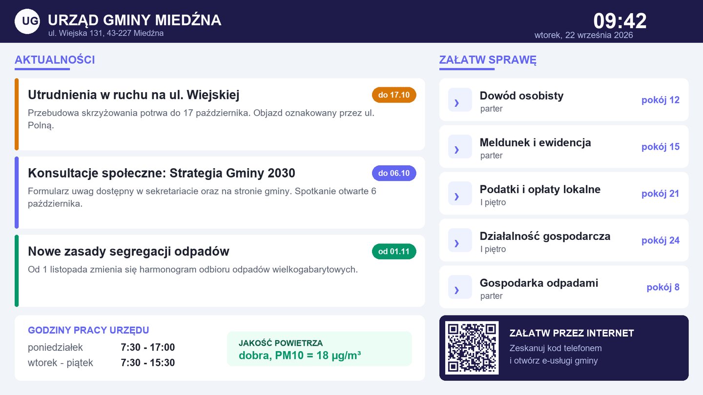 Ekran w urzędzie gminy z komunikatami i numerami pokojów