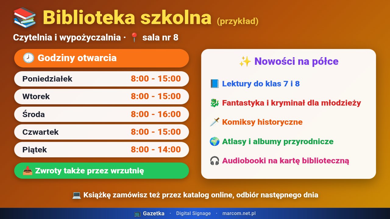 Slajd Biblioteka szkolna: godziny otwarcia i nowości na półce